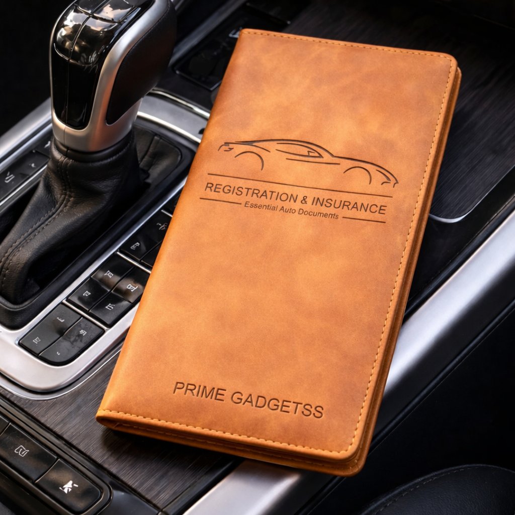 Prime Gadgetss Grey PU Leather Car Document Holder – Registration & Insurance Wallet (Tri-Fold, Slim Design)