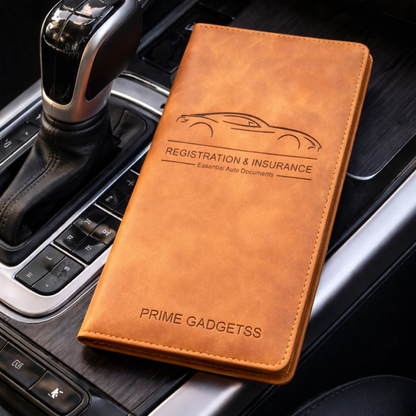 Prime Gadgetss Grey PU Leather Car Document Holder – Registration & Insurance Wallet (Tri-Fold, Slim Design)