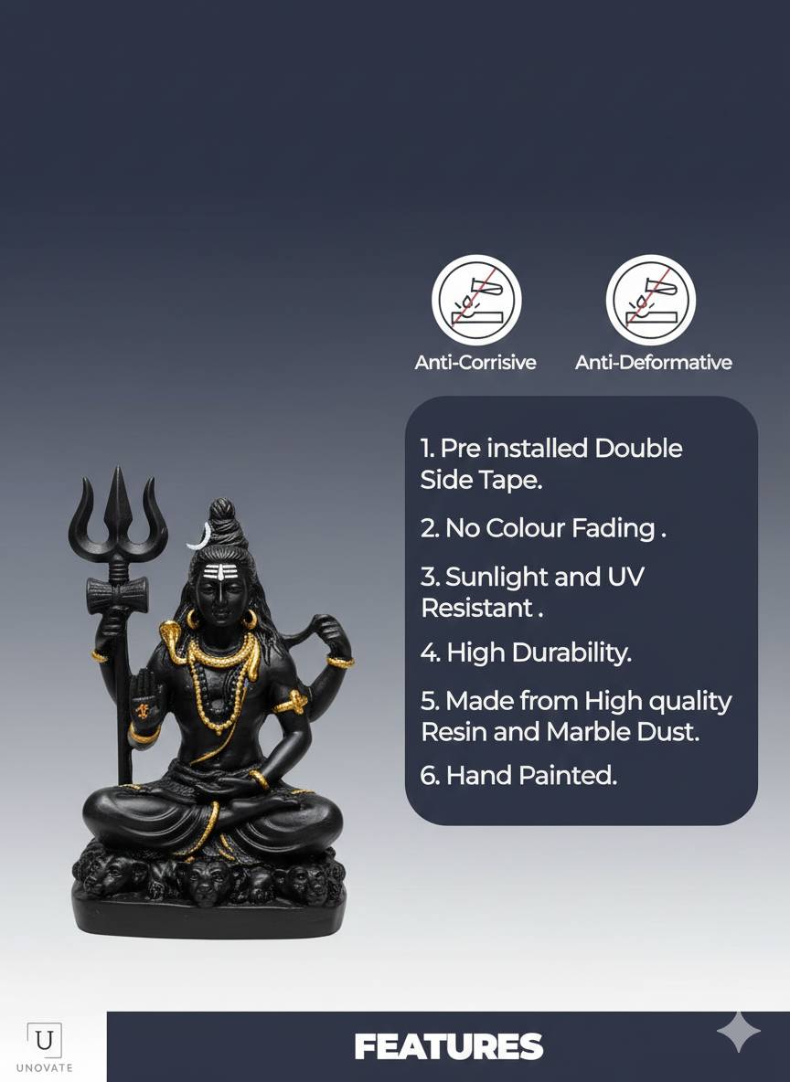 Black Shiv Ji Car Dashboard Idol | Premium Matte Finish | Anti-Slip Base | Spiritual Car Decor