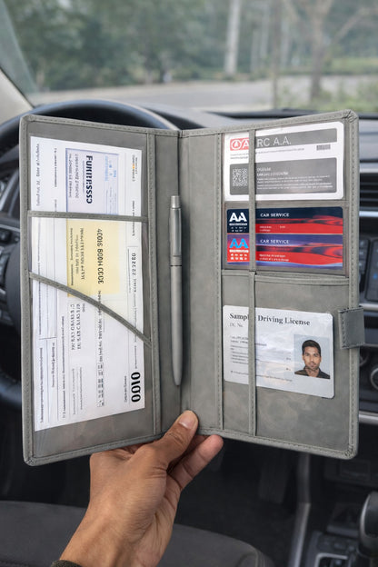 Prime Gadgetss Grey PU Leather Car Document Holder – Registration & Insurance Wallet (Tri-Fold, Slim Design)