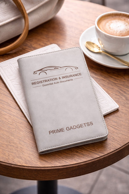 Prime Gadgetss Grey PU Leather Car Document Holder – Registration & Insurance Wallet (Tri-Fold, Slim Design)