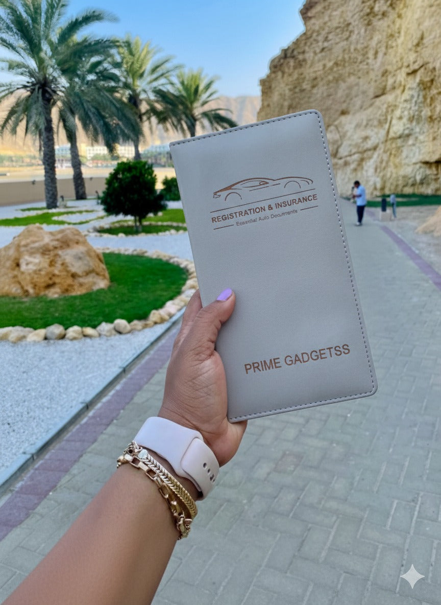 Prime Gadgetss Grey PU Leather Car Document Holder – Registration & Insurance Wallet (Tri-Fold, Slim Design)