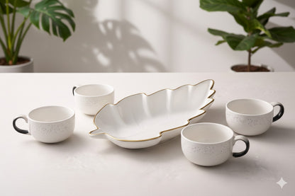 Prime Gadgets Luxury 5-Piece Ceramic Tea & Coffee Set – INSANELY Stylish Leaf-Shaped Gold Plate + 4 Designer Cups | Perfect for Gifting & Premium Homes