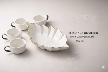 Prime Gadgets Luxury 5-Piece Ceramic Tea & Coffee Set – INSANELY Stylish Leaf-Shaped Gold Plate + 4 Designer Cups | Perfect for Gifting & Premium Homes