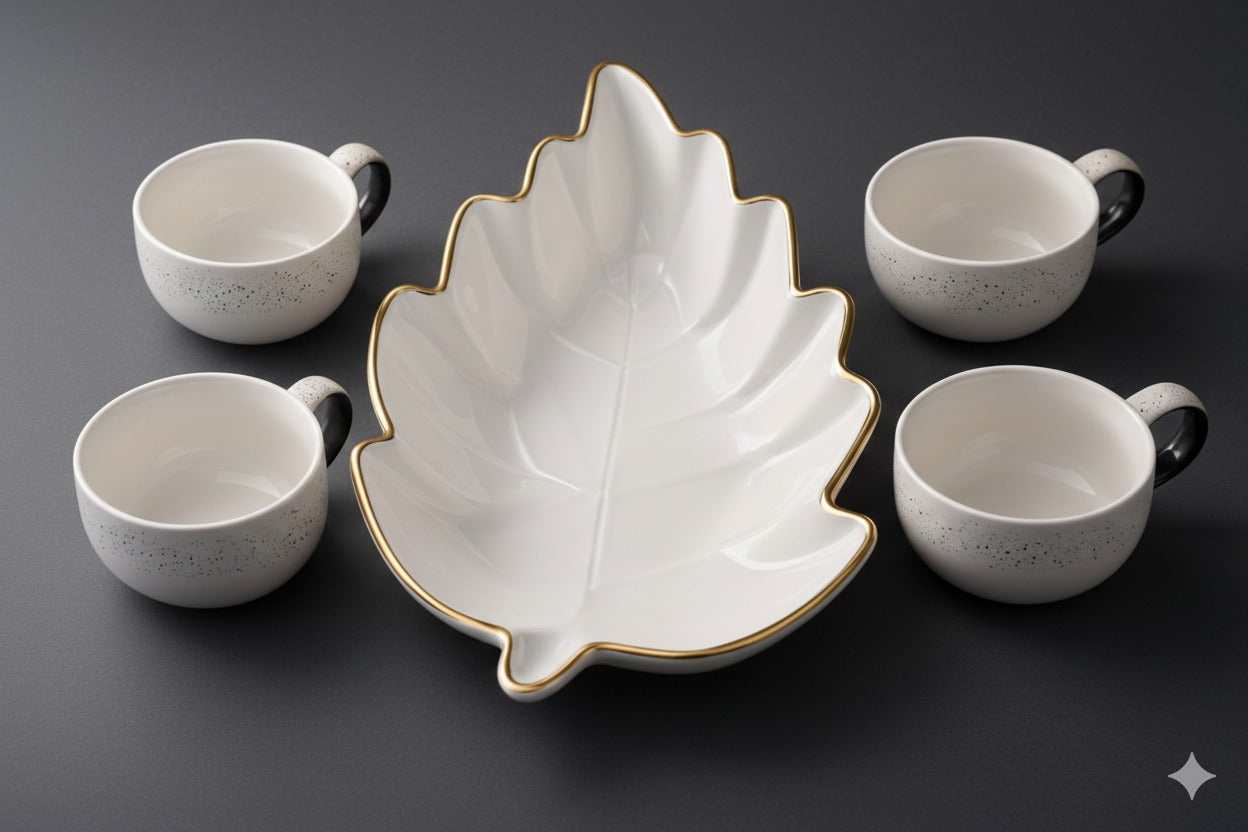 Prime Gadgets Luxury 5-Piece Ceramic Tea & Coffee Set – INSANELY Stylish Leaf-Shaped Gold Plate + 4 Designer Cups | Perfect for Gifting & Premium Homes