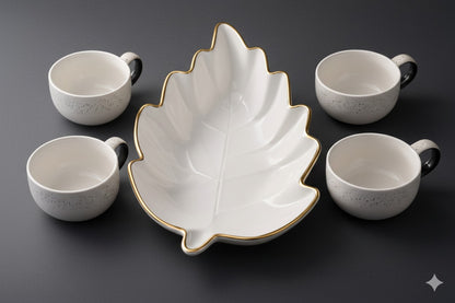 Prime Gadgets Luxury 5-Piece Ceramic Tea & Coffee Set – INSANELY Stylish Leaf-Shaped Gold Plate + 4 Designer Cups | Perfect for Gifting & Premium Homes