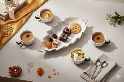 Prime Gadgets Luxury 5-Piece Ceramic Tea & Coffee Set – INSANELY Stylish Leaf-Shaped Gold Plate + 4 Designer Cups | Perfect for Gifting & Premium Homes