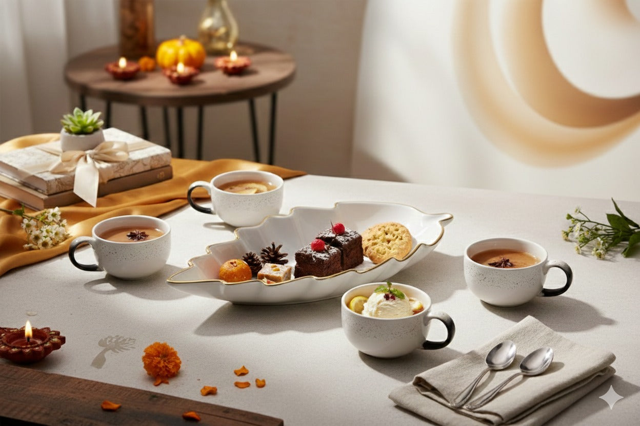 Prime Gadgets Luxury 5-Piece Ceramic Tea & Coffee Set – INSANELY Stylish Leaf-Shaped Gold Plate + 4 Designer Cups | Perfect for Gifting & Premium Homes