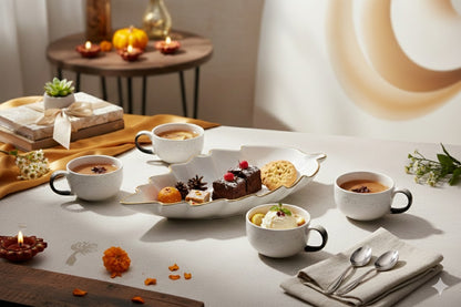 Prime Gadgets Luxury 5-Piece Ceramic Tea & Coffee Set – INSANELY Stylish Leaf-Shaped Gold Plate + 4 Designer Cups | Perfect for Gifting & Premium Homes