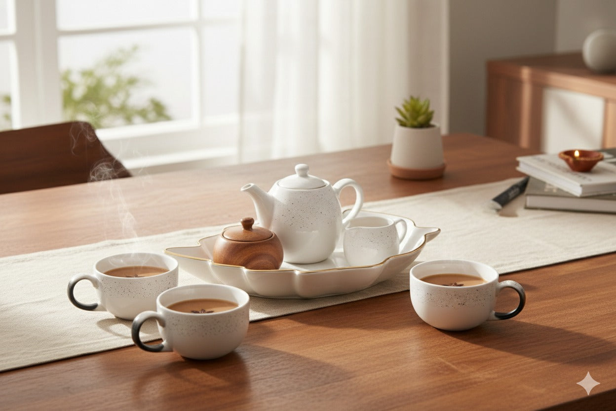 Prime Gadgets Luxury 5-Piece Ceramic Tea & Coffee Set – INSANELY Stylish Leaf-Shaped Gold Plate + 4 Designer Cups | Perfect for Gifting & Premium Homes