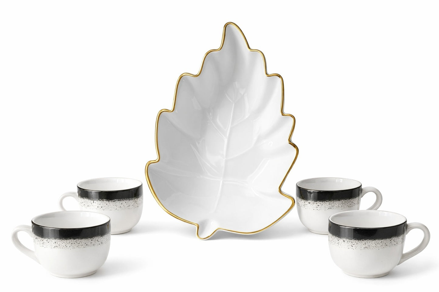 Prime Gadgets Luxury 5-Piece Ceramic Tea & Coffee Set – INSANELY Stylish Leaf-Shaped Gold Plate + 4 Designer Cups | Perfect for Gifting & Premium Homes