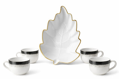 Prime Gadgets Luxury 5-Piece Ceramic Tea & Coffee Set – INSANELY Stylish Leaf-Shaped Gold Plate + 4 Designer Cups | Perfect for Gifting & Premium Homes