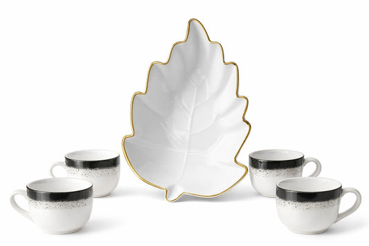 Prime Gadgets Luxury 5-Piece Ceramic Tea & Coffee Set – INSANELY Stylish Leaf-Shaped Gold Plate + 4 Designer Cups | Perfect for Gifting & Premium Homes