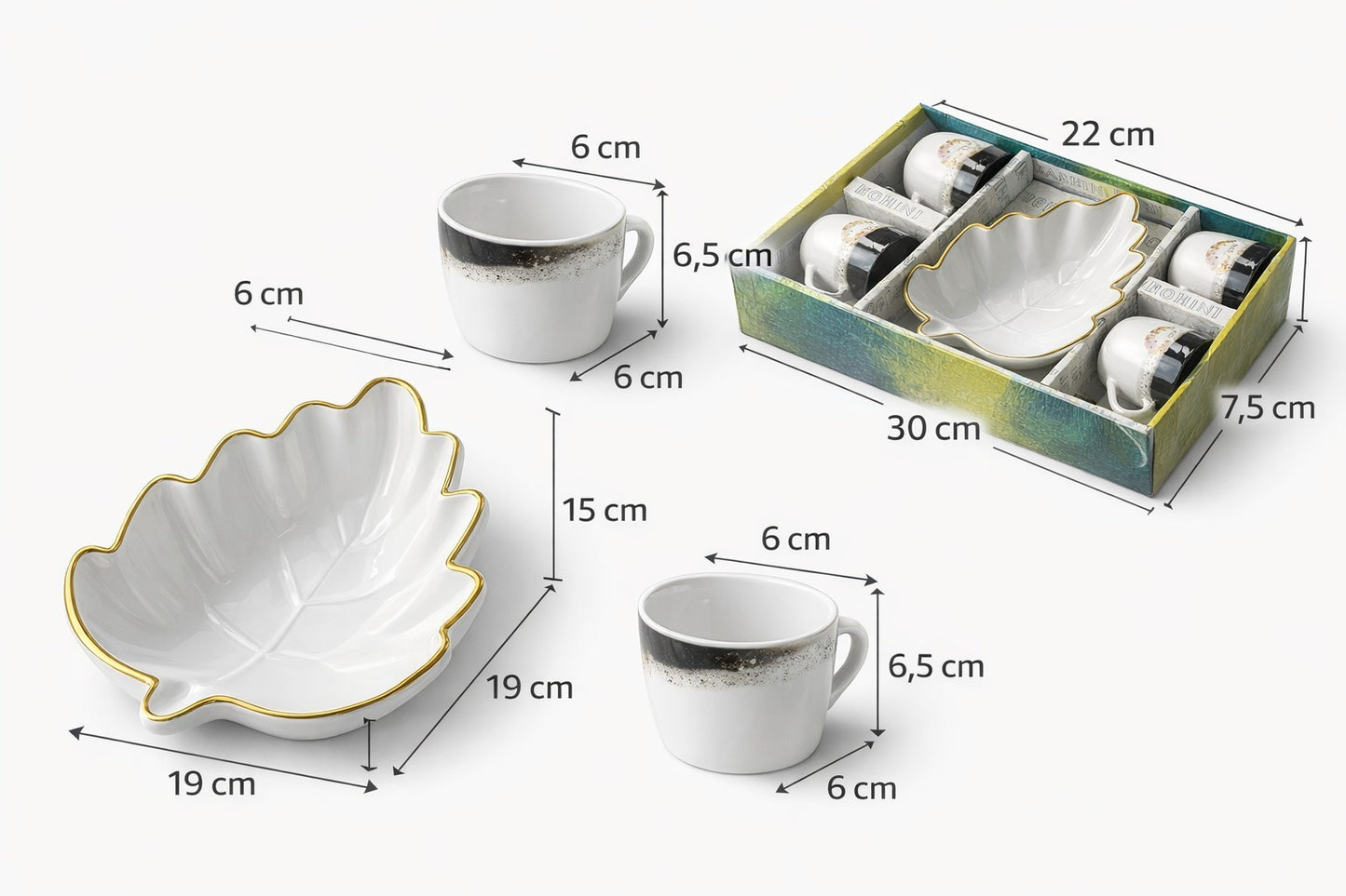 Prime Gadgets Luxury 5-Piece Ceramic Tea & Coffee Set – INSANELY Stylish Leaf-Shaped Gold Plate + 4 Designer Cups | Perfect for Gifting & Premium Homes