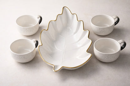 Prime Gadgets Luxury 5-Piece Ceramic Tea & Coffee Set – INSANELY Stylish Leaf-Shaped Gold Plate + 4 Designer Cups | Perfect for Gifting & Premium Homes