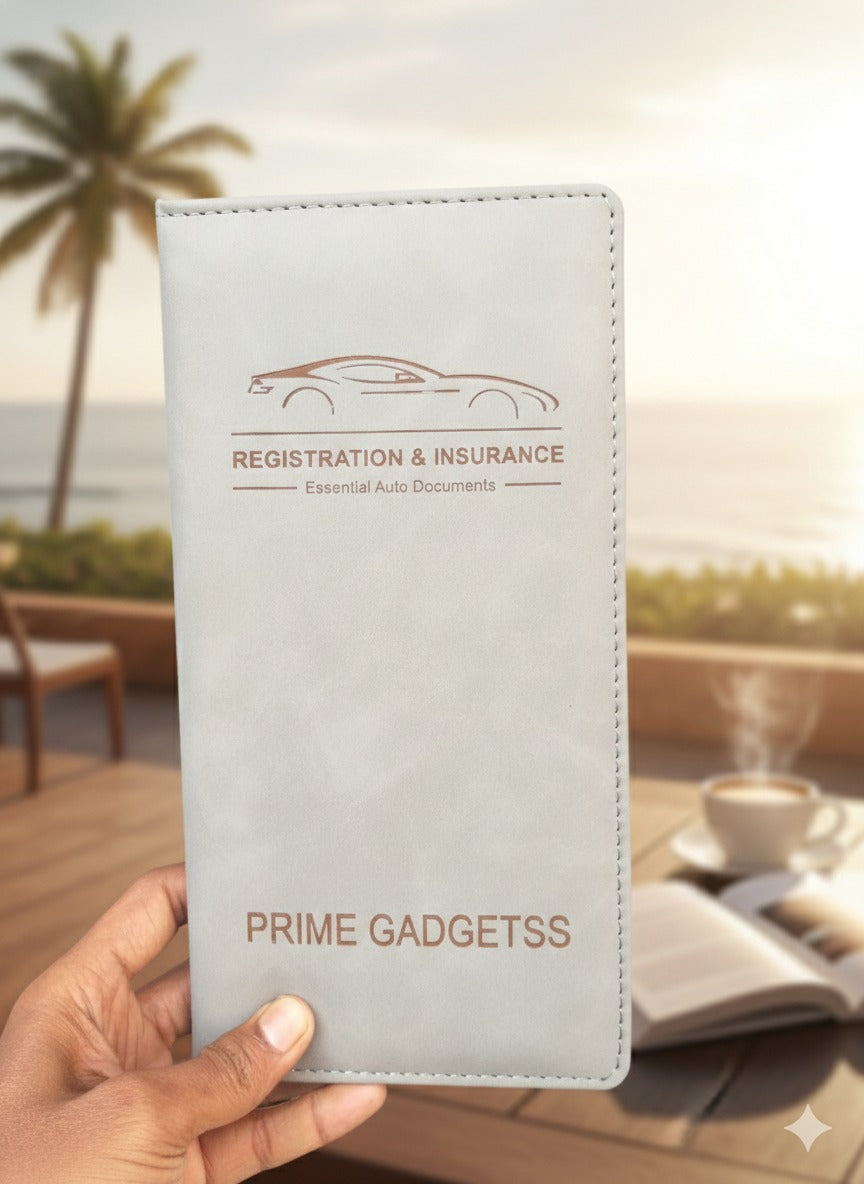 Prime Gadgetss Grey PU Leather Car Document Holder – Registration & Insurance Wallet (Tri-Fold, Slim Design)