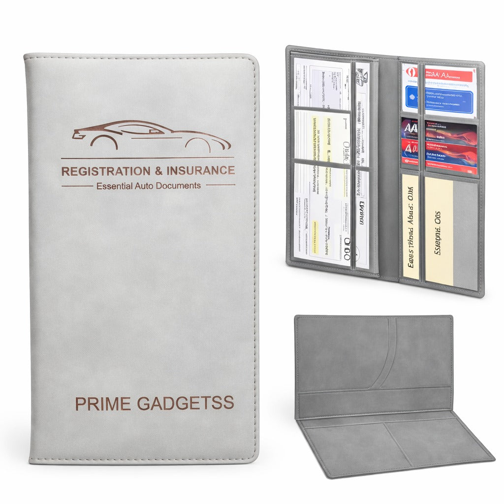 Prime Gadgetss Grey PU Leather Car Document Holder – Registration & Insurance Wallet (Tri-Fold, Slim Design)
