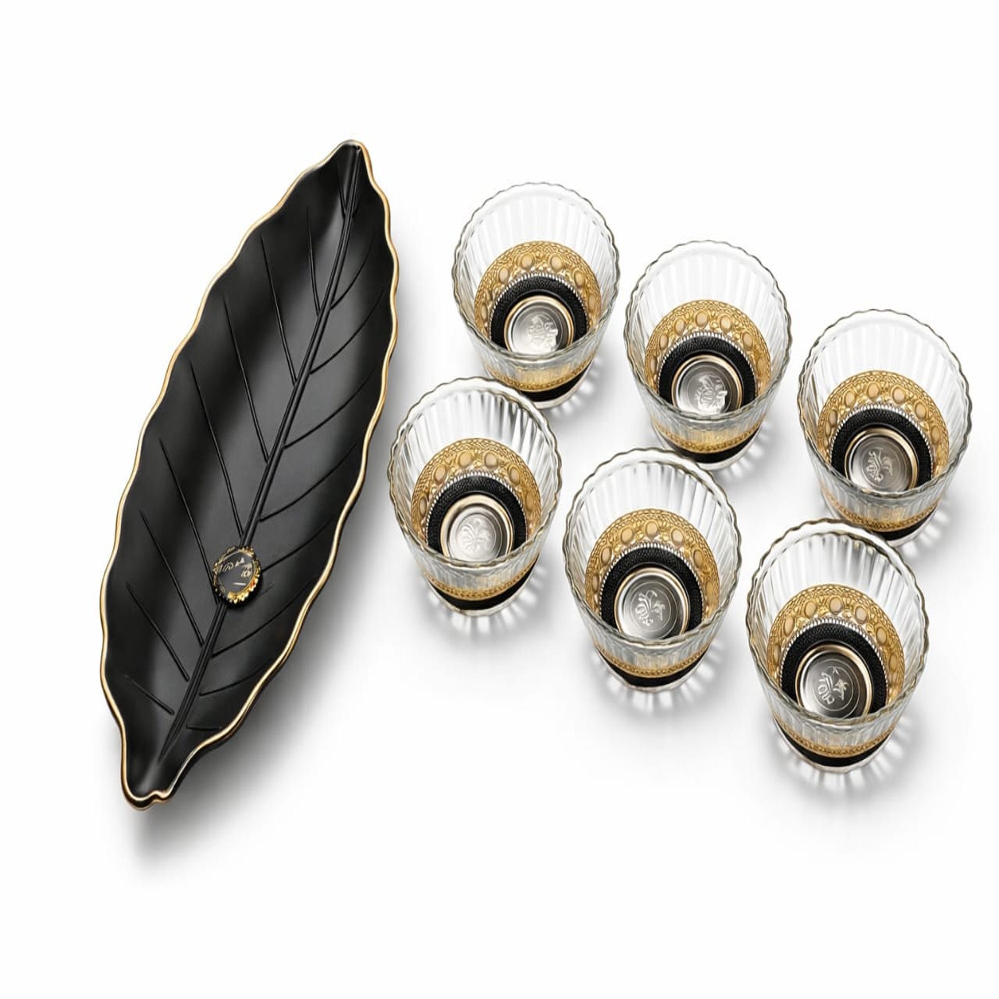 Premium Snack Serving Tray Set with 6 Glass Bowls | Leaf Design Dry Fruit & Namkeen Serving Set